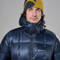 Eclipse Blue Montane Men's Apex 900 Hooded Down Jacket Model 4 MAP9HECL